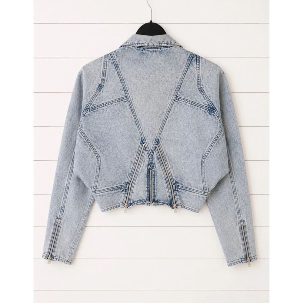 Women’s Large Vintage Tiger Fox Acid Wash Denim Moto Jacket